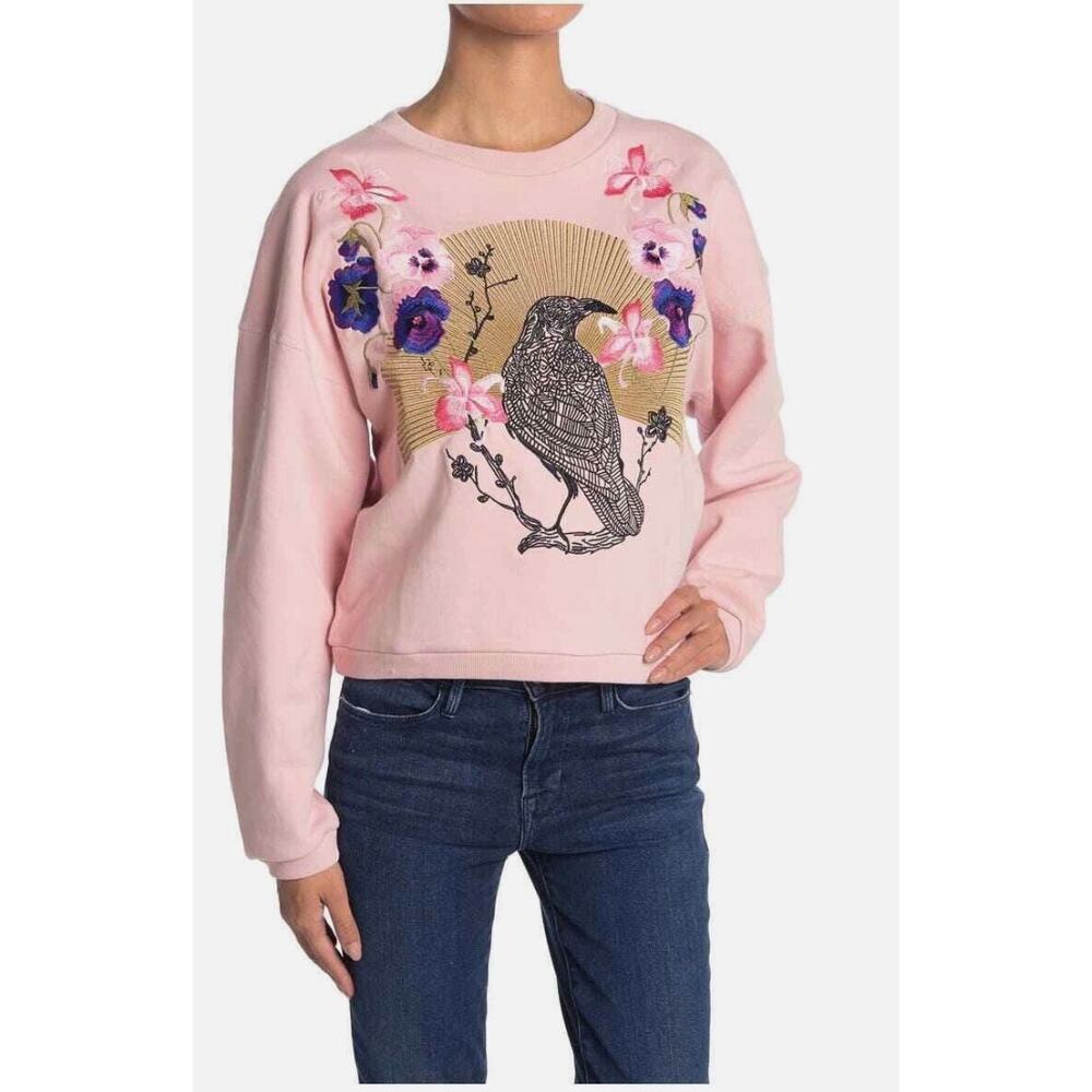 7 For All Mankind Womens S Pink Raven Embroidered Crew Neck Sweatshirt Pullover